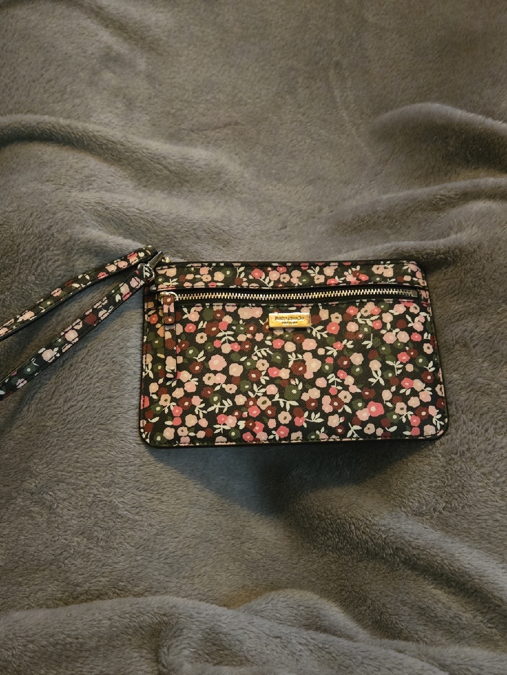 kate spade Black Floral Wristlet with Pink Accents